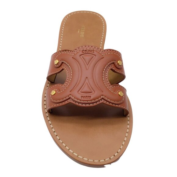 CELINE TAN LEATHER TRIOMPHE SLIDE SANDALS - Picture 8 of 11